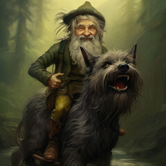 Gnome riding a tiny Irish wolfhound