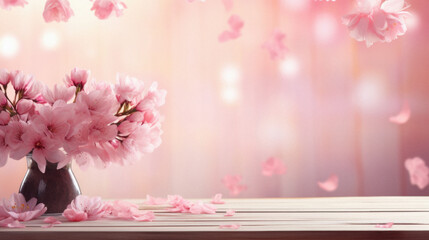Cherry blossom in vase on wooden table with bokeh background.