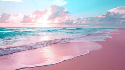 Pink coastal coast day view, with sunlight, summer, travel, dream place, paradise  - obrazy, fototapety, plakaty