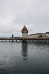 Fototapeta na wymiar historic city center of Lucerne with famous Chapel Bridge and lake Lucerne (Vierwaldstattersee), Switzerland