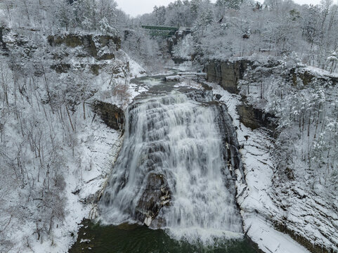 01-07-2024, Afternoon winter aerial photo of Ithaca Falls in Fall Creek, City of Ithaca, NY, USA	