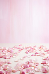 Pink rose petals on a white table with a pink curtain in the background.