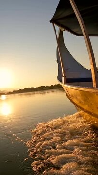Orange sunset sailing across the lake in a traditional boat on a sightseeing excursion from Shkoder in Shiroka. Albania
