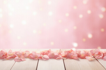 Wooden table with rose petals on pink bokeh background.