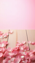 Pink rose petals on a wooden background with copy space for text.