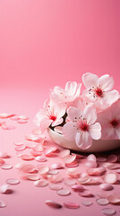 Cherry blossoms in a bowl with petals on pink background.
