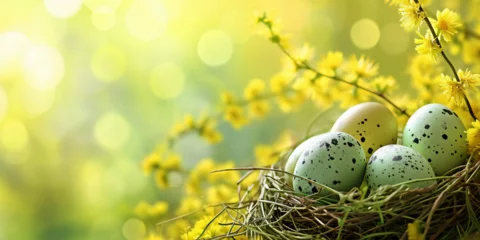 Fototapete Easter eggs in nest with yellow flowers on bokeh background © Marc Kunze