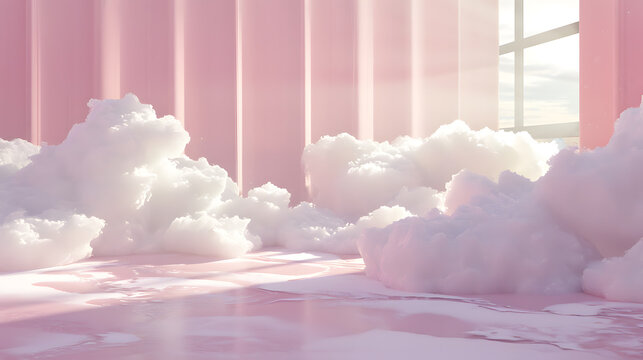 3d interior and exterior pink illustration of comfortable indoor, pink, dreamland, sunlight