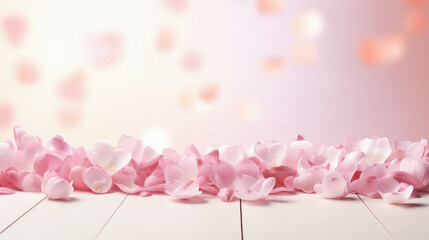 Pink rose petals on white wooden table and bokeh background.
