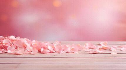 Pink rose petals on wood table with bokeh background.