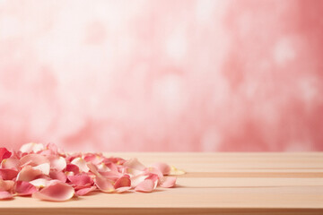 Obraz na płótnie Canvas Pink rose petals on wooden table over pink background with copy space.
