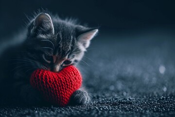 A red knitted heart in the paws of a grey kitten copy space. Saint Valentine Day
