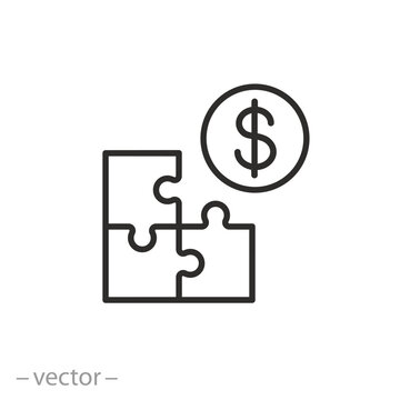 puzzle with money icon, payment in installments concept, pay in parts solution, share installment plan, thin line symbol - editable stroke vector illustration