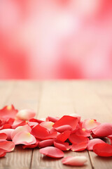 Rose petals on a wooden table. Valentines day background.