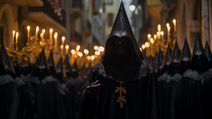 A poignant nighttime procession featuring penitents clad in black, carrying candles, creating an evocative and spiritual ambiance - obrazy, fototapety, plakaty