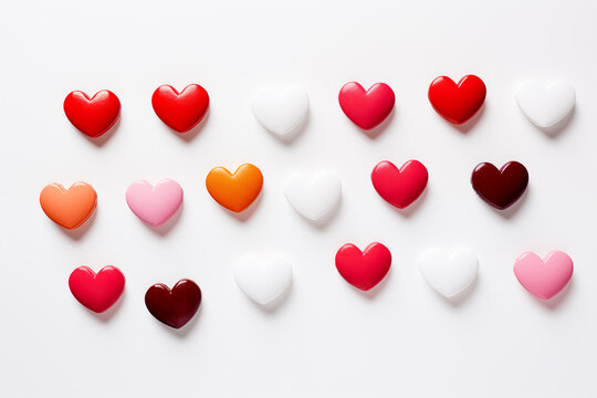 Sweet candy hearts on white background, minimal food photography.