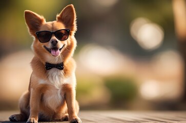 smart funny dog wearing sunglasses with bokeh background