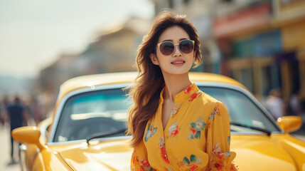 Pretty Asian Woman Elegant Fashion Dress Wear Glass Yellow Clothes Yellow Car City Landscape Background - Powered by Adobe