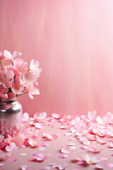 Pink cherry blossom petals in vase on pink background.