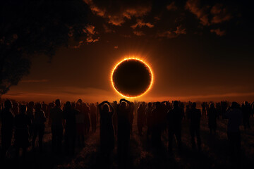 Crowd of people watching an annular solar eclipse, illustration for the total eclipse of the sun in April 2024 imagined by AI - not the actual event - obrazy, fototapety, plakaty