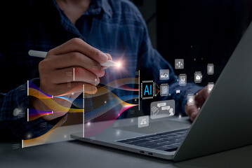 Artificial Intelligence. Data technology. Man using technology smart robot AI, artificial...