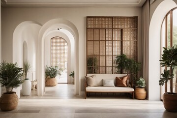 Fototapeta na wymiar Mediterranean interior design of modern entrance hall with grid door.