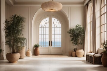 Mediterranean interior design of modern entrance hall with grid door.