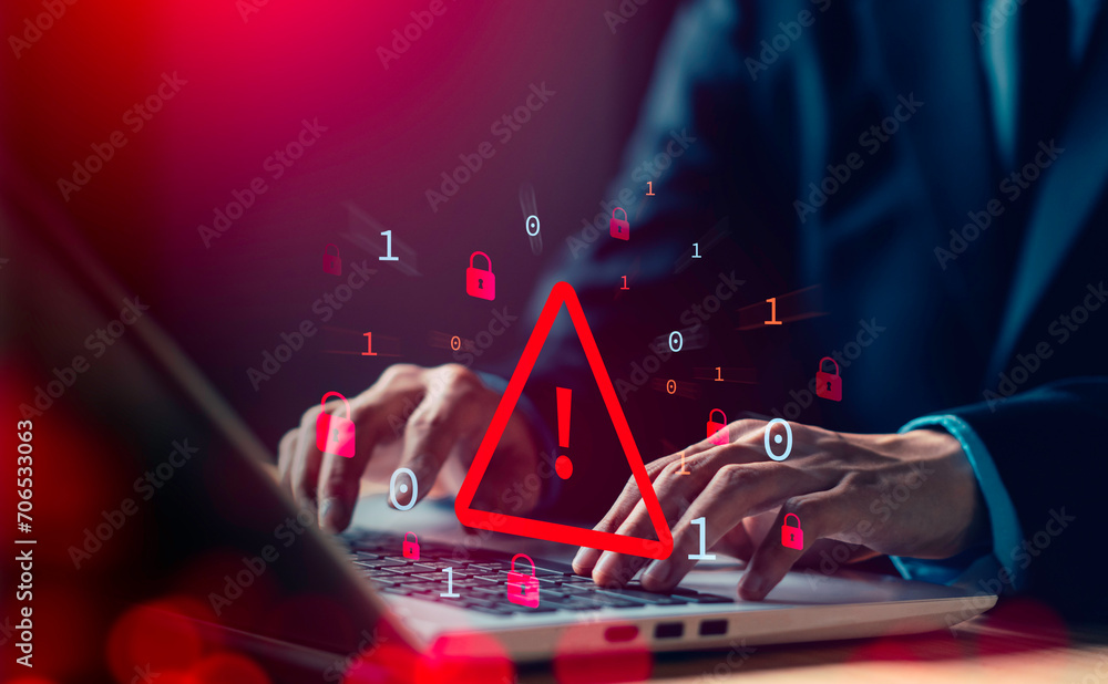 Aufkleber system hacked warning alert on notebook (laptop). cyber attack on computer network, virus, spyware, 