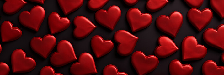 Beautiful red hearts on black background banner. Valentine's Day. Panoramic web header with copy space. Wide screen wallpaper.