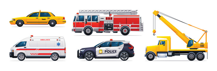 Set of emergency vehicles. Taxi, fire truck, ambulance, police car and crane truck. Official emergency service vehicles side view vector illustration