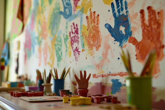 A playroom wall decorated with handprints and footprints in various paint colors