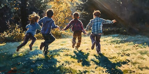 Four children joyfully leap and bound across the grassy park field, basking in the enchanting play of beautiful light and shadows. - obrazy, fototapety, plakaty