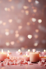Burning candles and hearts on color background with bokeh effect.