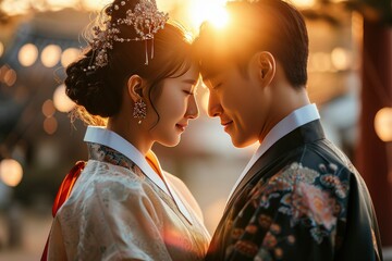 Bride and groom in traditional Korean attire gazing at each other. Korean wedding - obrazy, fototapety, plakaty