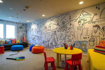 A playroom wall designed as a giant coloring book, where kids can draw and color directly on the wall