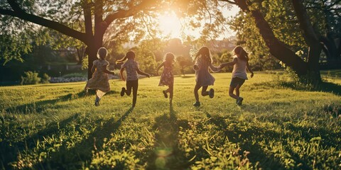 Four children joyfully leap and bound across the grassy park field, basking in the enchanting play of beautiful light and shadows.