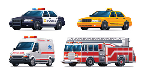 Set of emergency vehicles. Police car, taxi, ambulance and fire truck. Official emergency service vehicles vector illustration