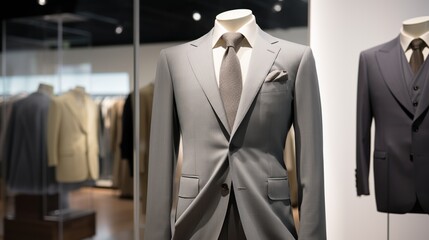 Gray suits are displayed inside the store on mannequins