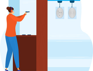 Woman practicing shooting at an indoor range. Female shooter training with handgun, target practice. Firearms training, safety course vector illustration.