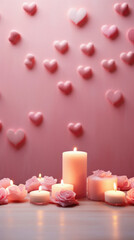 Romantic pink background with candles and hearts.  valentines day concept.