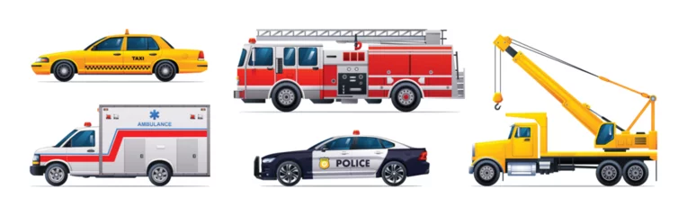 Poster Emergency vehicle set. Taxi, fire truck, ambulance, police car and crane truck. Official emergency service vehicles side view vector illustration © YG Studio