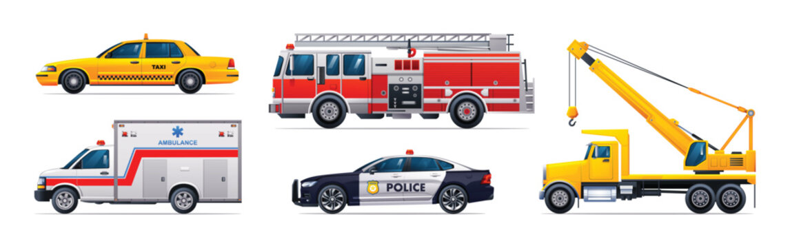 Emergency vehicle set. Taxi, fire truck, ambulance, police car and crane truck. Official emergency service vehicles side view vector illustration