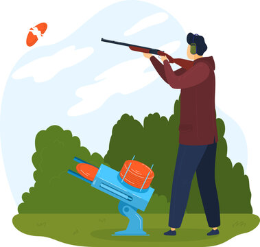 Man in jacket and earmuffs shooting clay pigeon, trap shooting outdoors with launcher. Clay target shooting, outdoor sports vector illustration.
