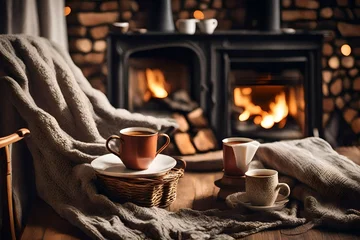 Fototapeten Mug of  tea in cozy living room with fireplace on a chair with blanket  © Hassan
