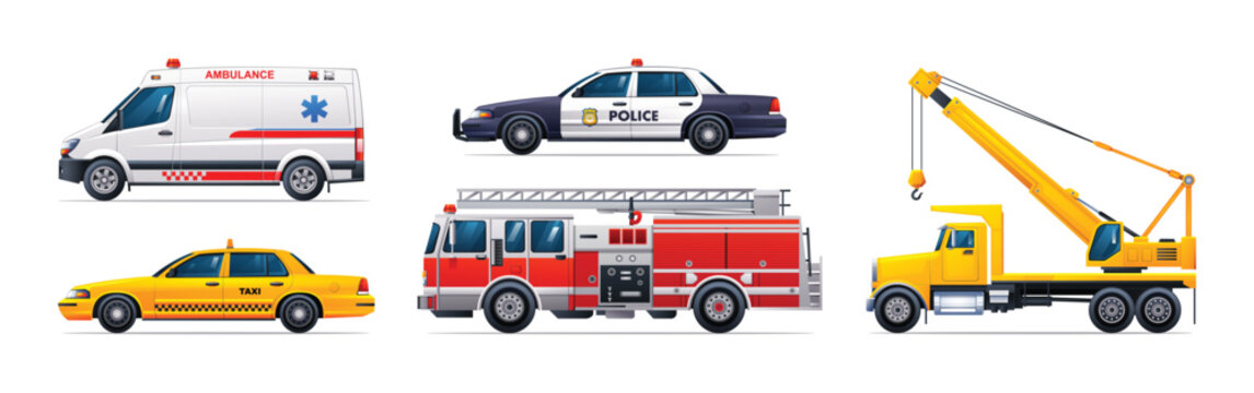Set of emergency vehicles. Ambulance, taxi, police car, fire truck and crane truck. Official emergency service vehicles side view vector illustration