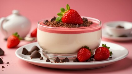 panna cotta with strawberries and strawberry sauce on a pastel pink background