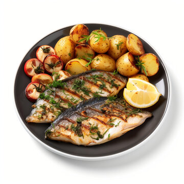 fotografia con detalle de plato con patatas asadas y pescado a la parrilla, sobre fondo blanco