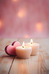 Obraz na płótnie Canvas valentines Day candles on wooden background with bokeh.