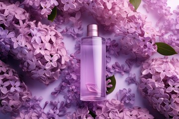 Bottle of Perfume on Top of Purple Flowers