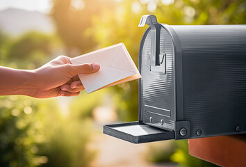 street photo of a human hand sending a letter to a gray mailbox